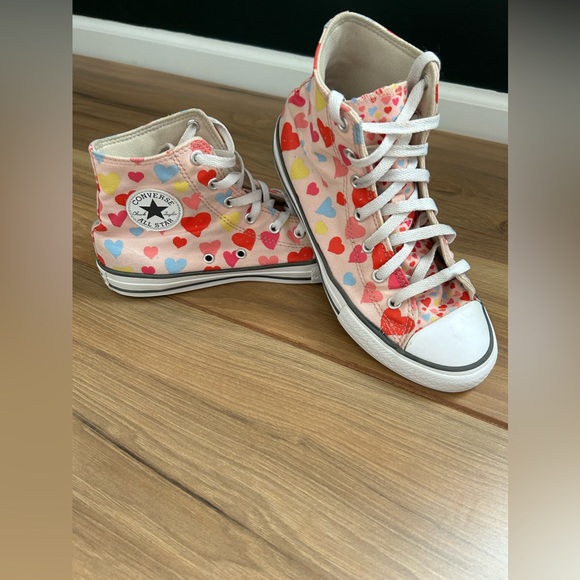 Shoes - Converse Chuck Taylor pink Multi Colored Hearts High Tops size 5 women’s size 7